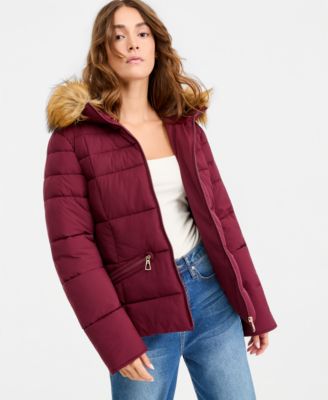 Juniors' Faux-Fur-Trim Hooded Puffer Coat