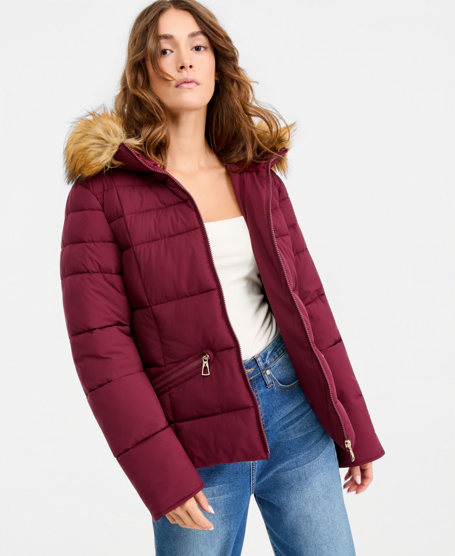 Juniors' Faux-Fur-Trim Hooded Puffer Coat