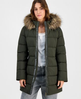 Juniors' Hooded Faux-Fur-Trim Puffer Coat
