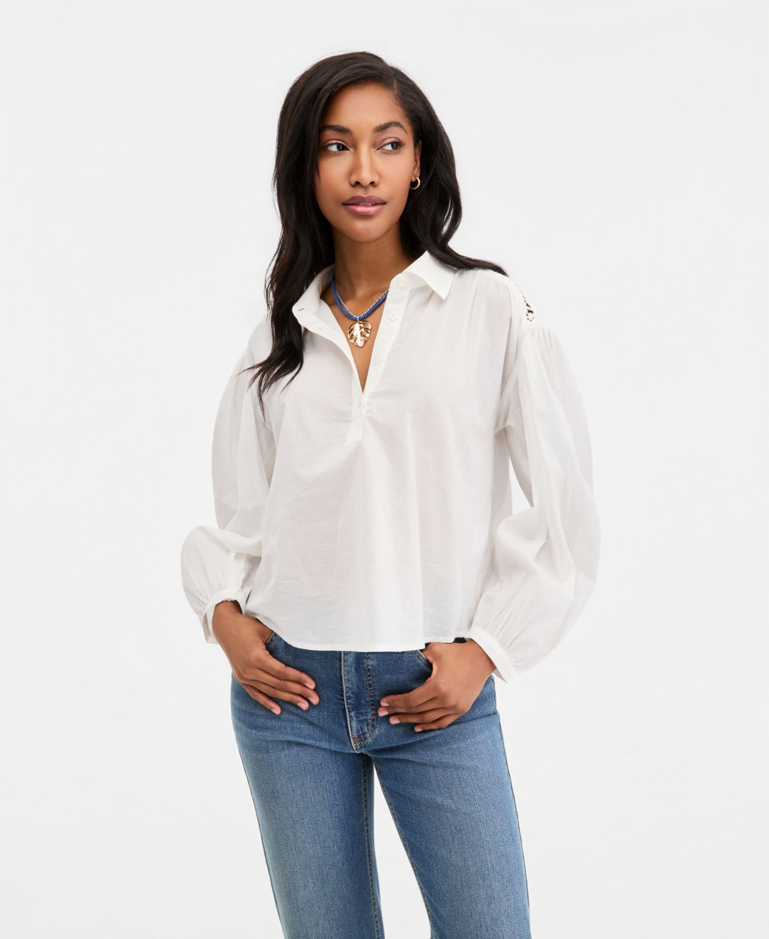 Women's Cotton Crochet Yoke Popover Top