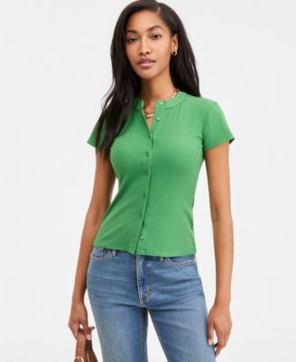 Women's Rib-Knit Short-Sleeve Button Front Top