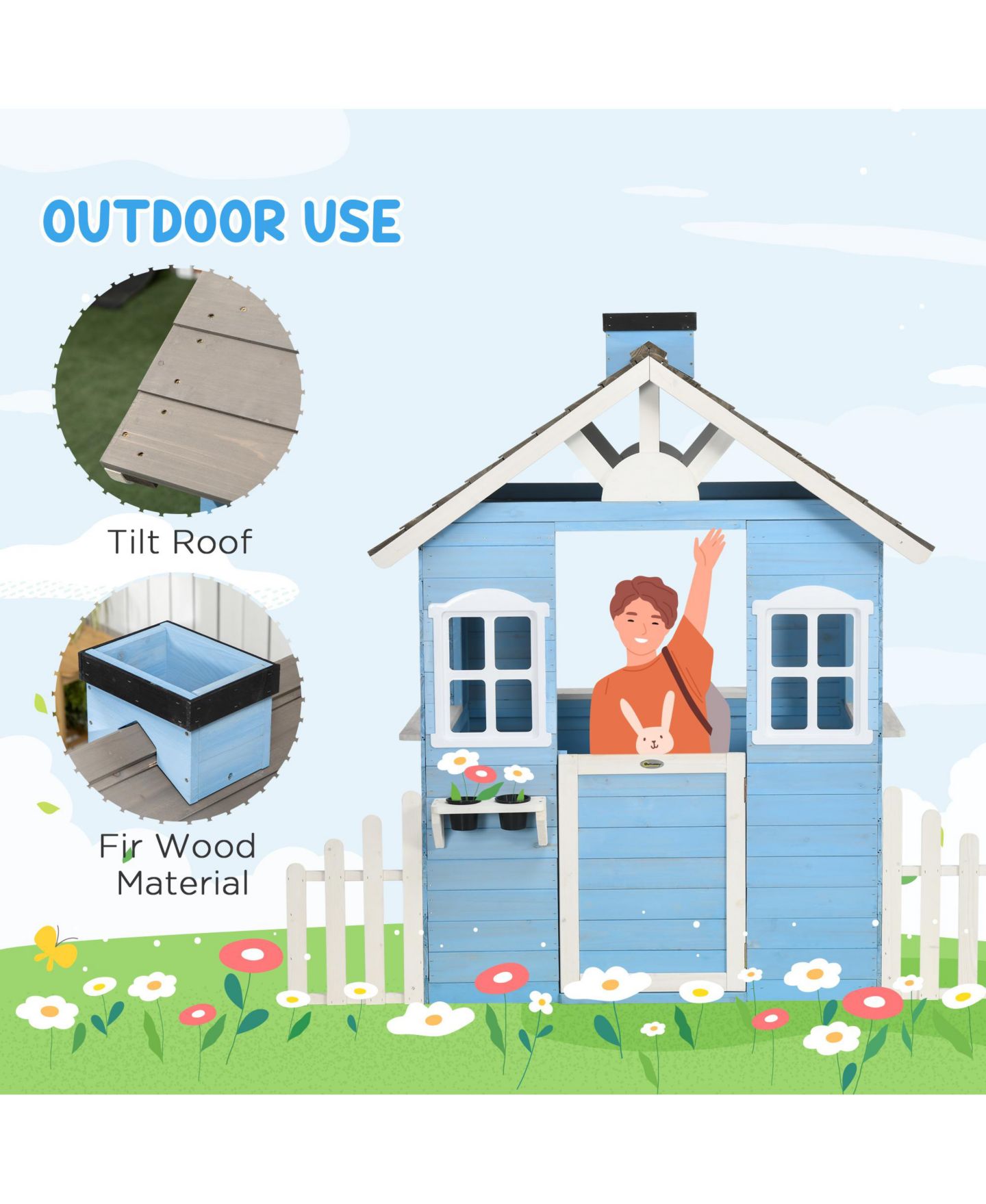 Детская игрушка Outsunny Outdoor Wooden Playhouse with Flower Pot Holders, Ages 3+ — фото 7