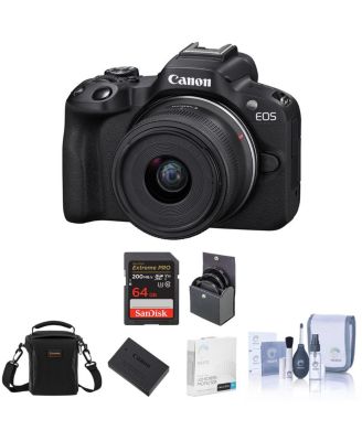 EOS R50 Mirrorless Camera, RF-S 18-45mm f/4.5-6.3 IS STM Lens, Extra Battery, 64GB SD Card, Shoulder Bag, Screen Protector, 49mm