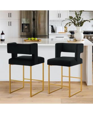 26" H Bar Stools Set of 2, Modern Fashion Counter Height Chairs with Square Open Backrest and Sturdy Iron Legs for Kitchen Island