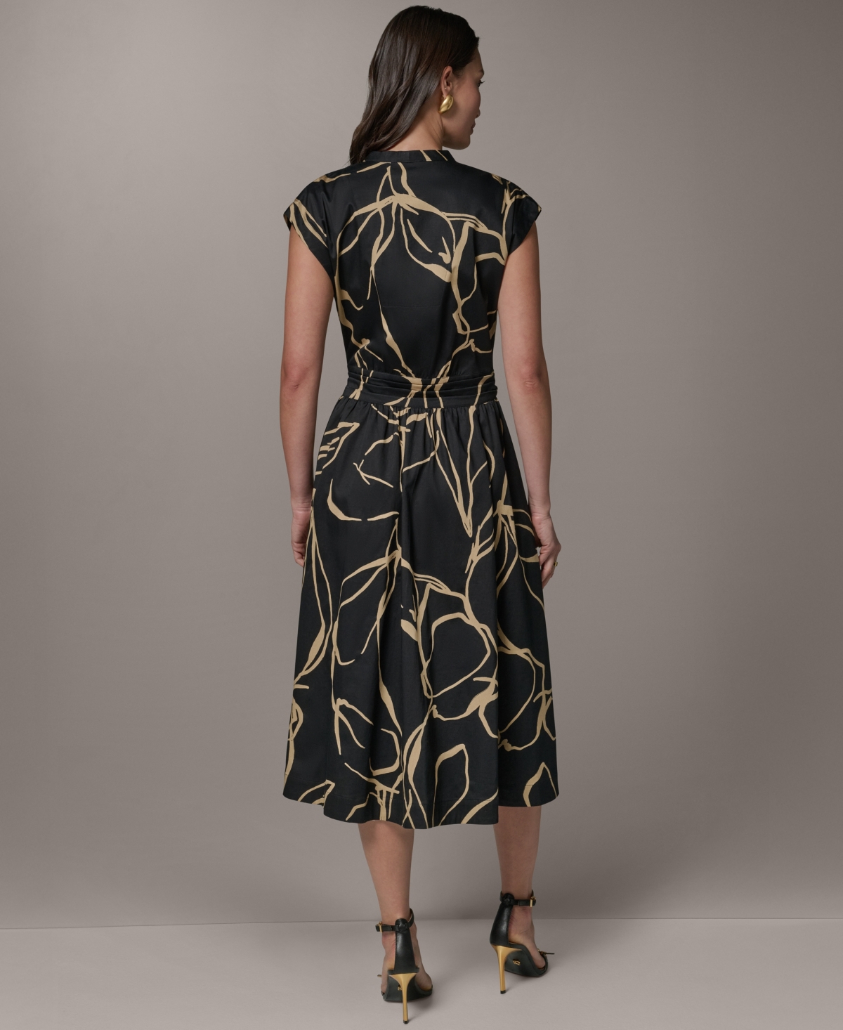 Donna Karan New York Women's Printed Tie Belt V-Neck Midi Dress