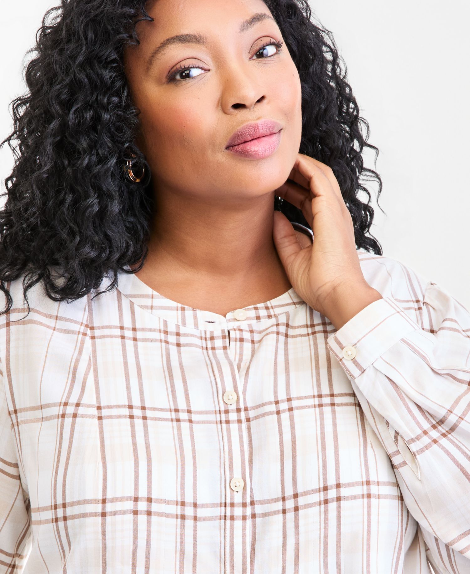 Plus Size Plaid Long-Sleeve Pleat Front Top
