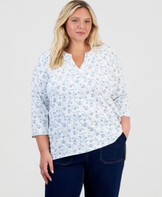 Plus Size Vine Floral Split-Neck 3/4-Sleeve Tunic