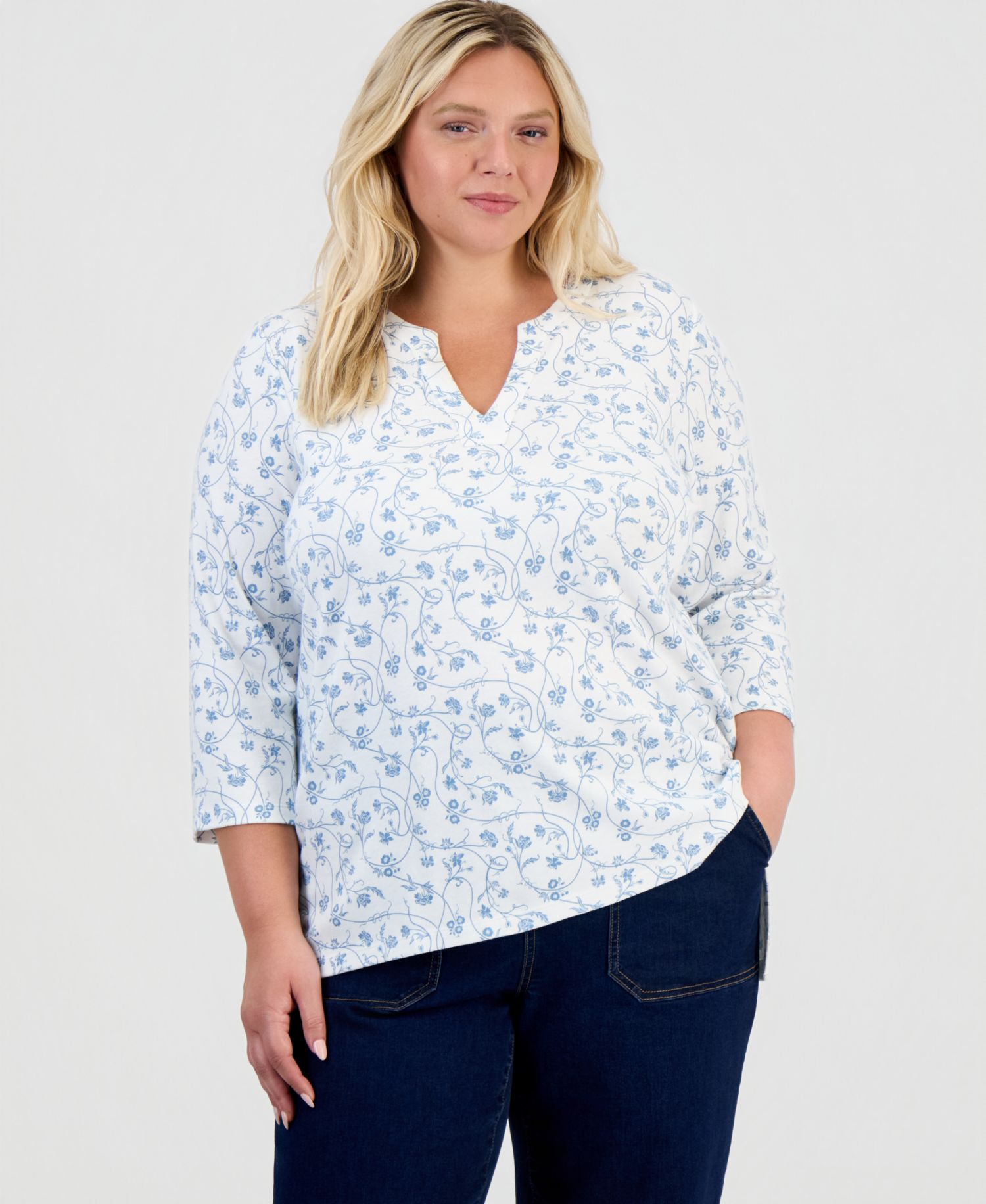 Petite Printed Split Neck 3/4-Sleeve Tunic