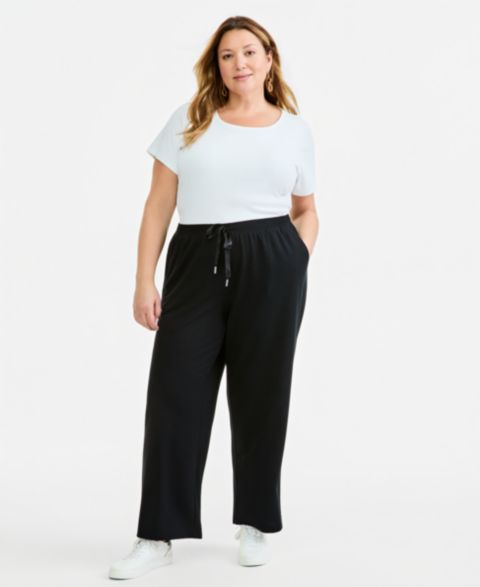 Женские брюки Style & Co Plus Size LuxLounge French Terry Wide-Leg Drawstring, цвет: Глубокий чёрный