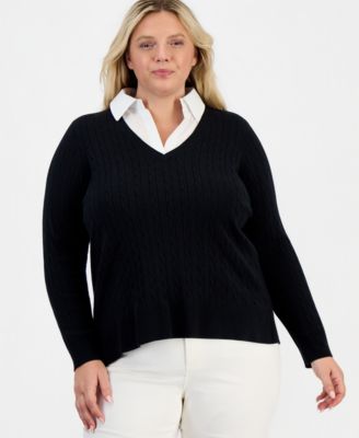 Plus Size Layered Cable-Knit V-Neck Sweater, Macy's Exclusive 