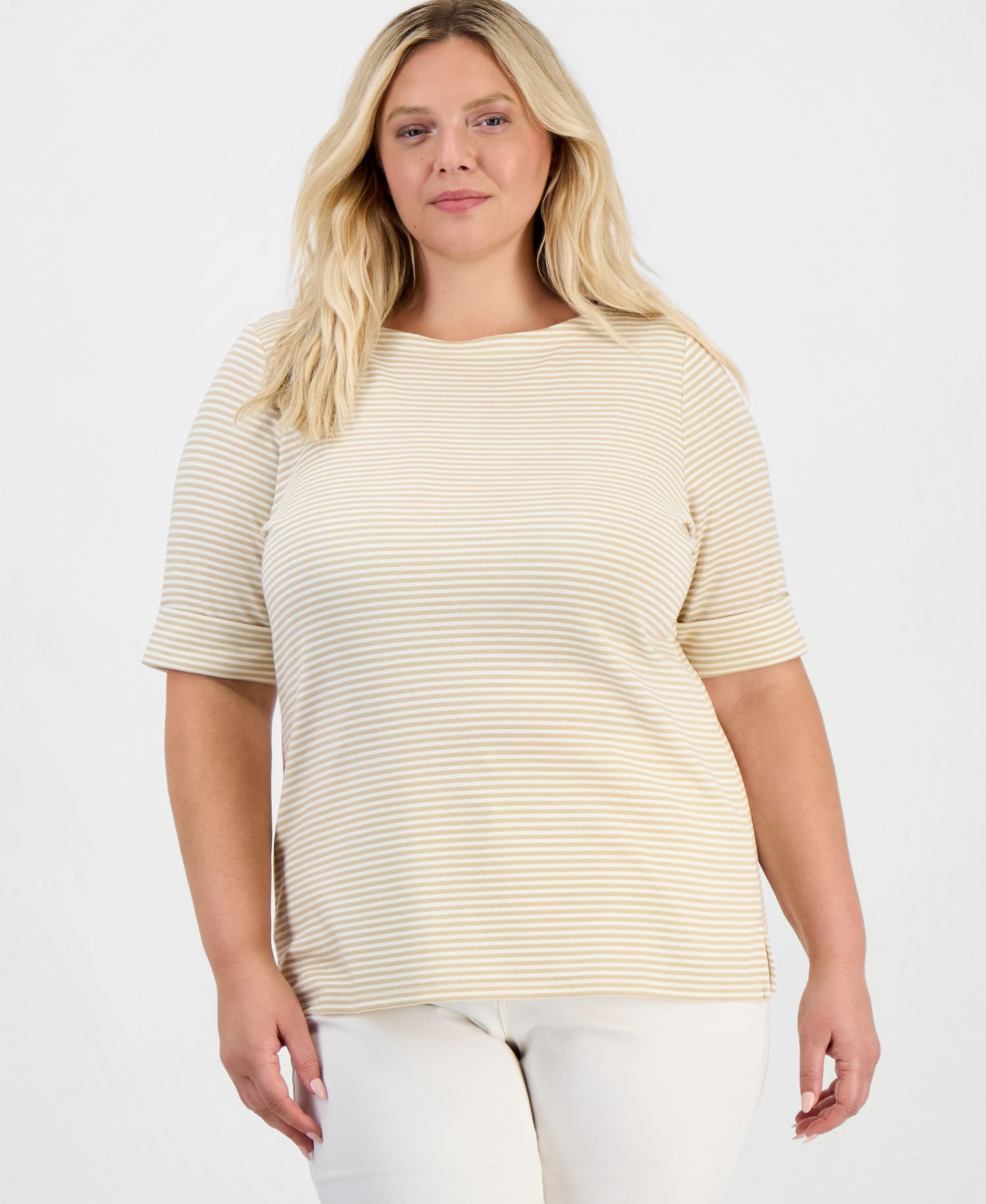 Petite Printed Elbow Sleeve Boatneck Top