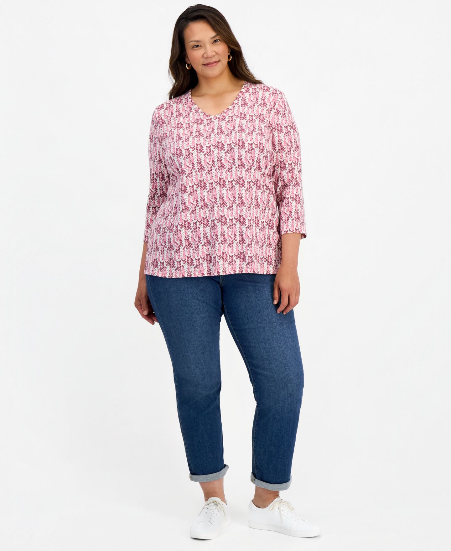 Женский топ Style & Co Plus Printed 3/4-Sleeve V-Neck, цвет: Розовый — фото 3