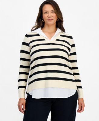 Plus Two-Fer Striped V-Neck Sweater