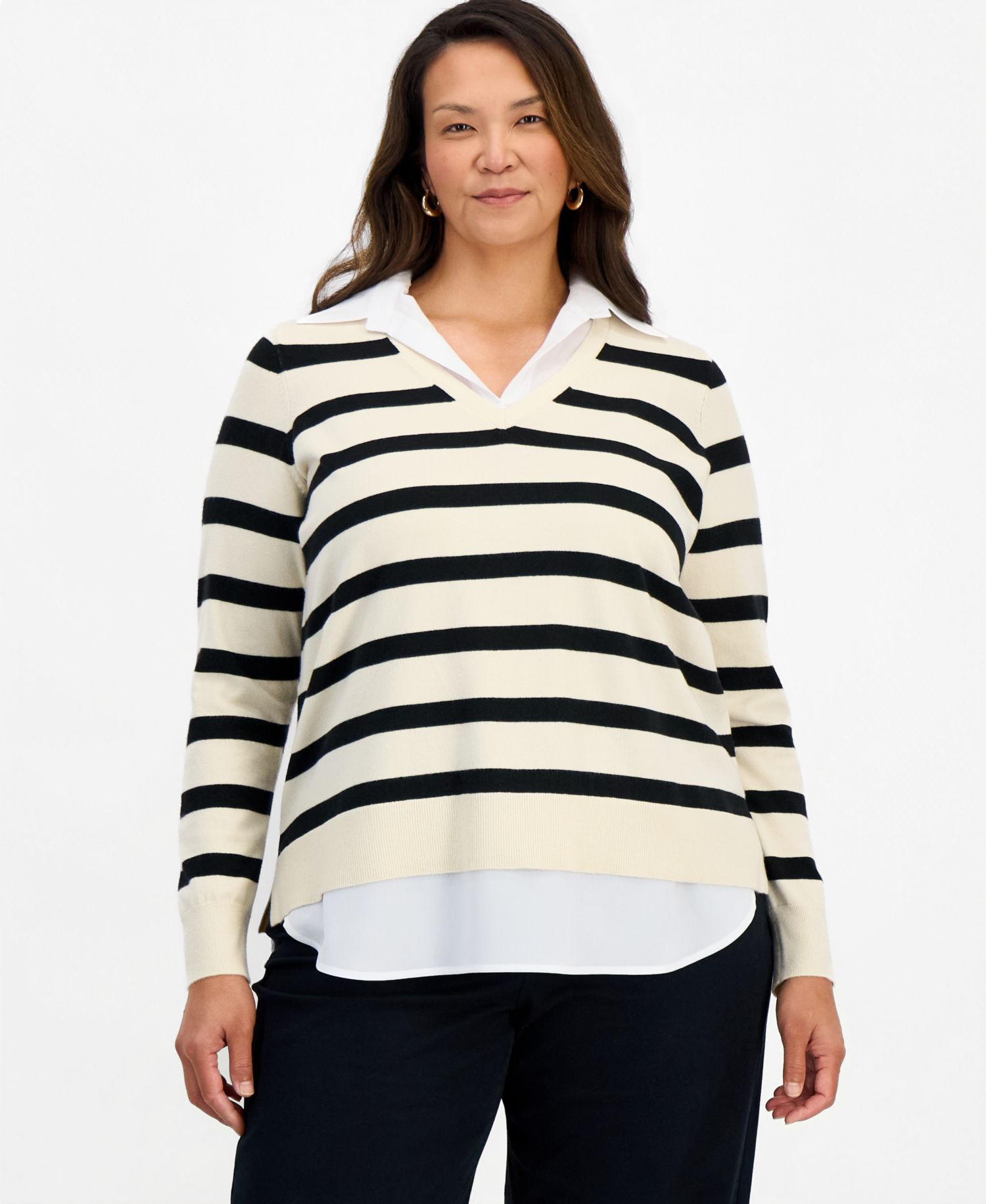 Petite Two-Fer Striped V-Neck Sweater