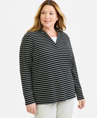 Plus Size Waffle-Knit Striped V-Neck Hoodie
