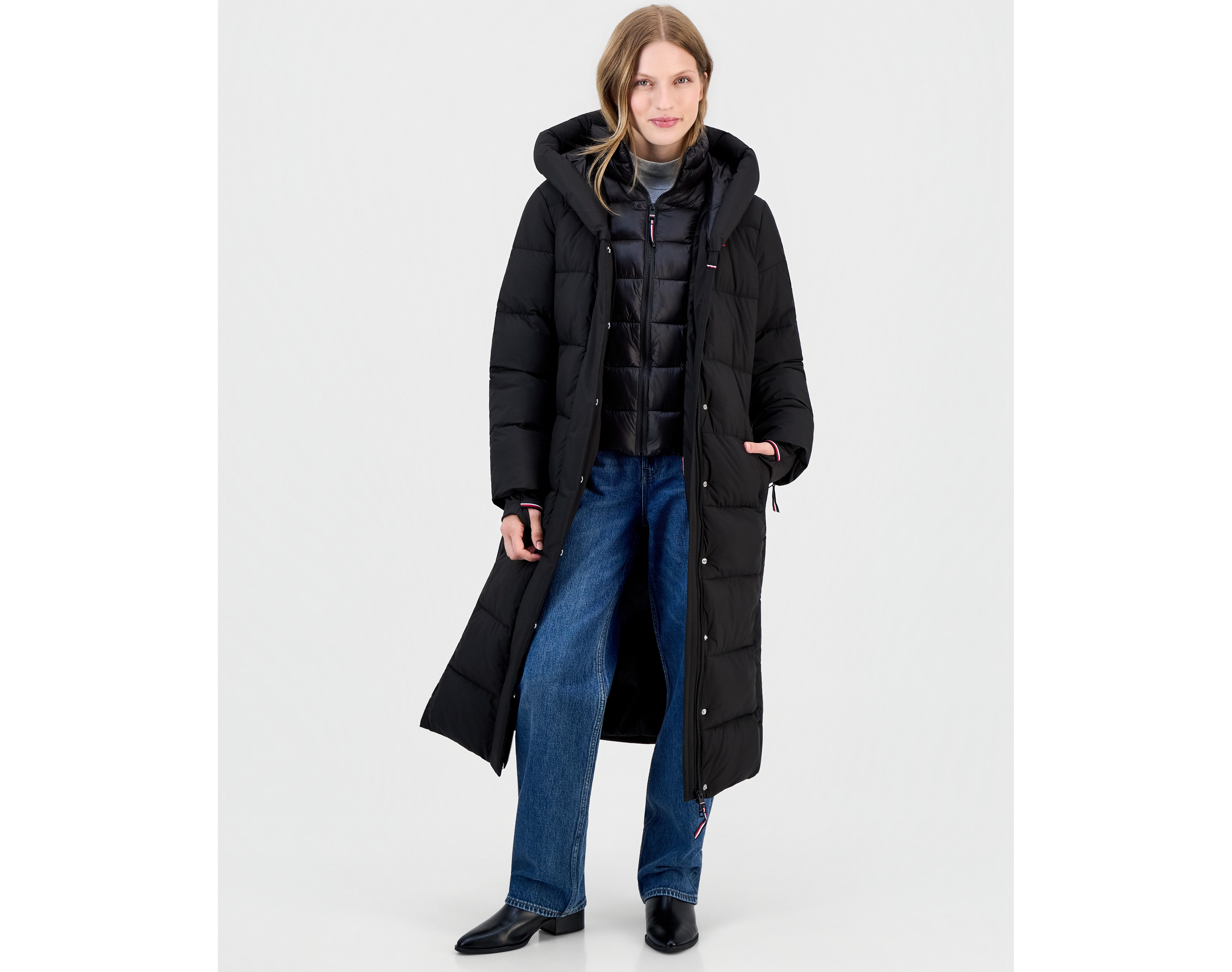 Tommy Hilfiger Women's Hooded Bibbed Stretch Maxi Puffer Coat