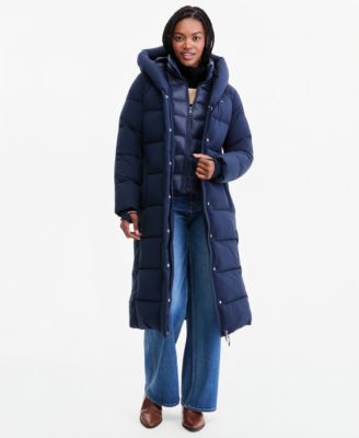 Women's Hooded Bibbed Stretch Maxi Puffer Coat