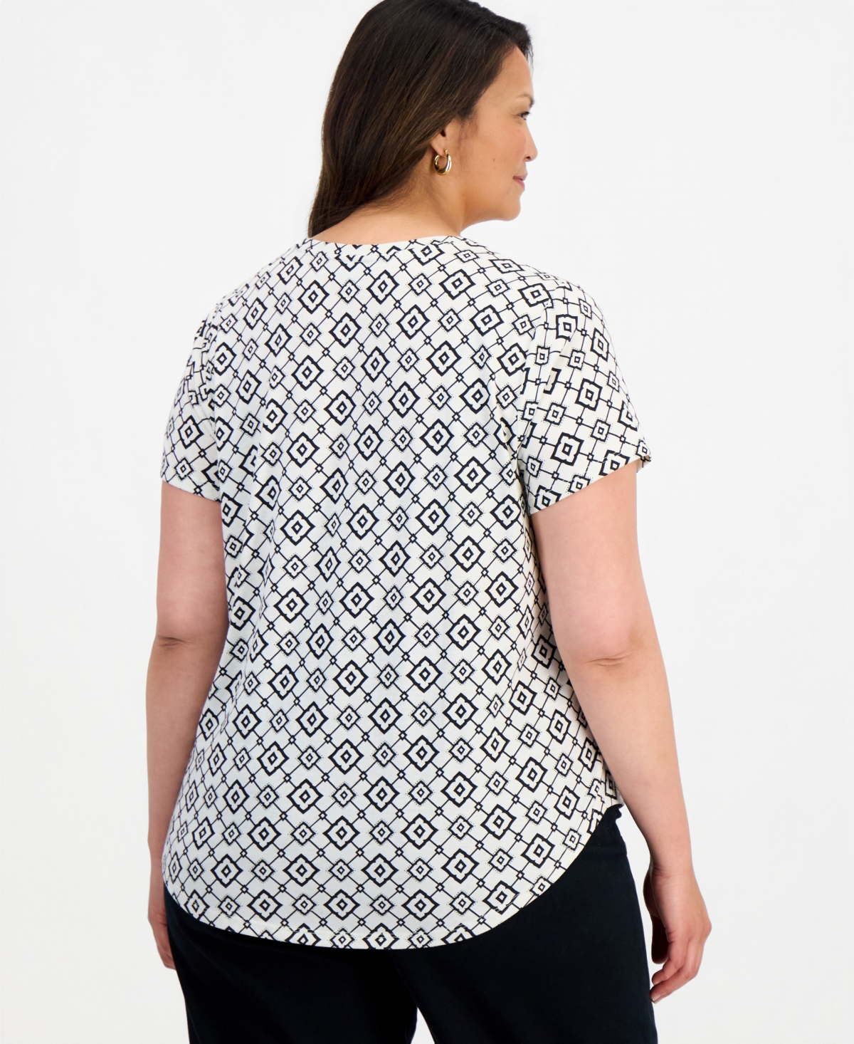 Style & Co Plus Perfect Ss Open Crew Neck Tee - Laurel Tile Geometric-Print Cotton-Blend T-Shirt, Macy's Exclusive
