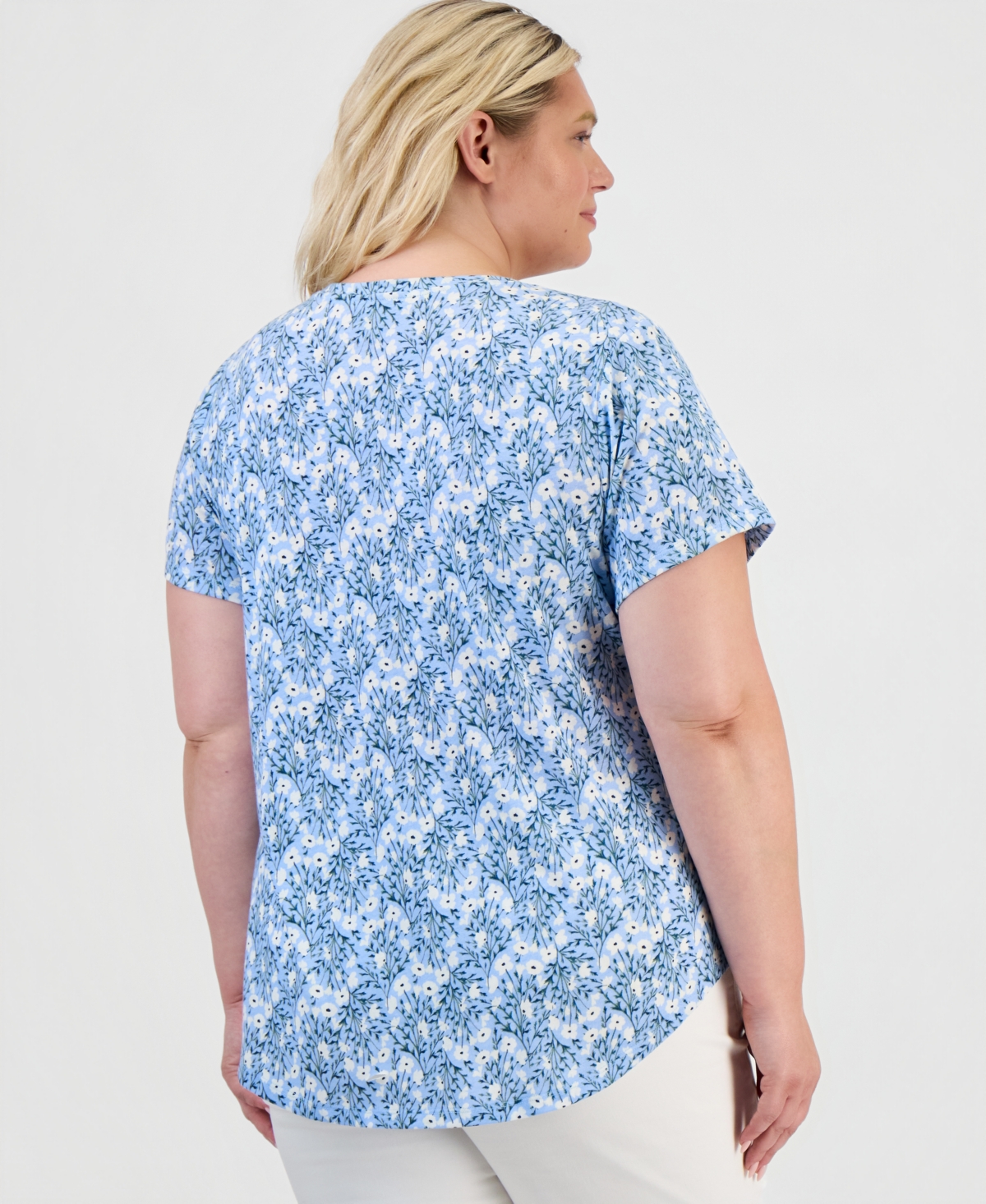 Style & Co Plus Patterson Flora Crewneck Curved-Hem T-Shirt, Macy's Exclusive