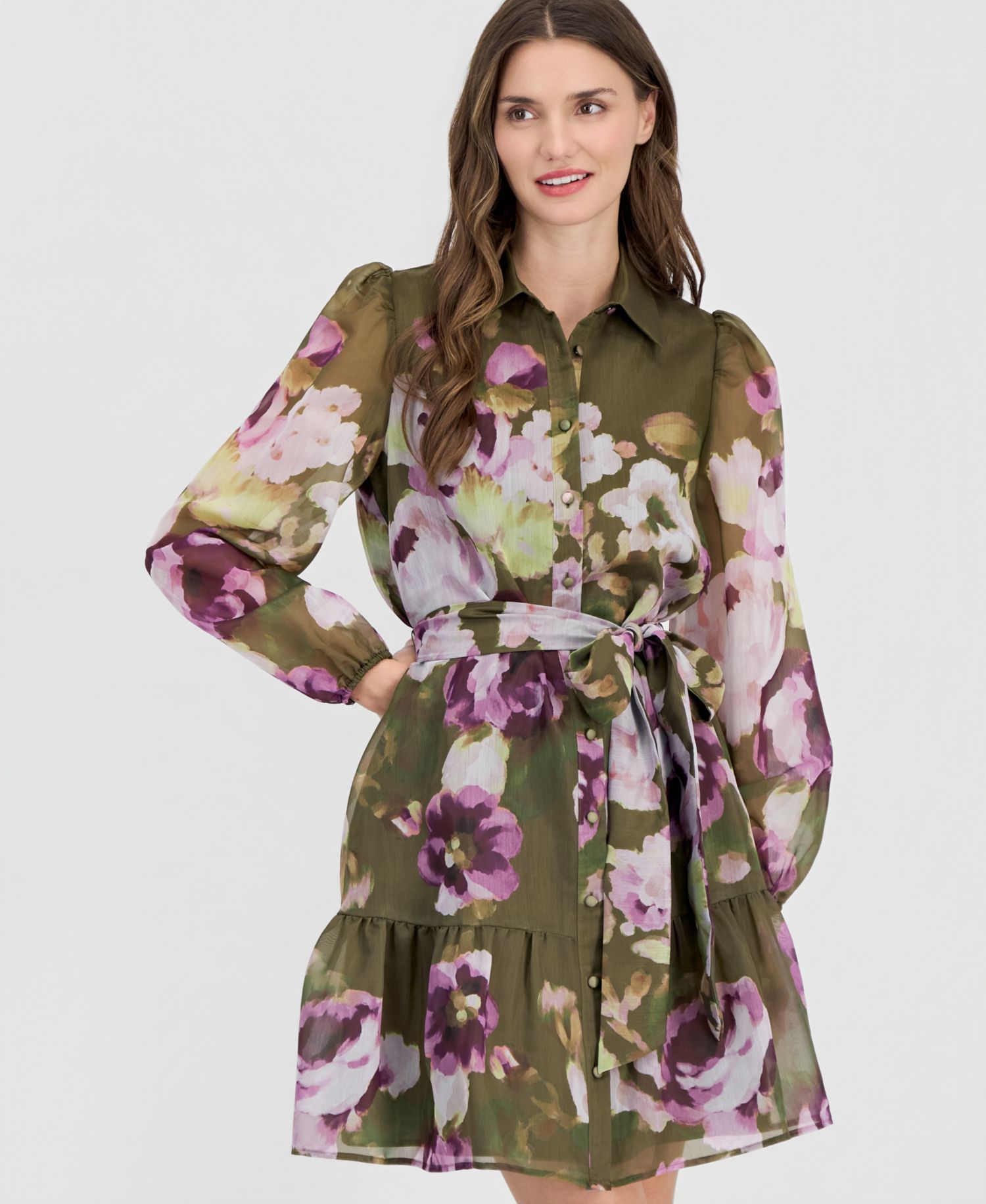 Women's Tiered Chiffon Tie-Waist Shirtdress
