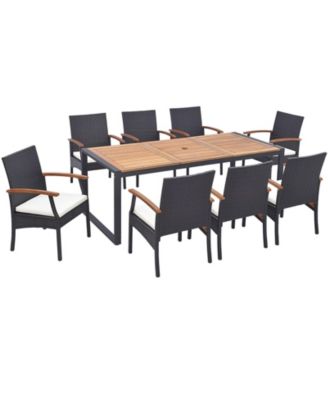 Set of 9 Outdoor Metal Dining Table and Rattan Chairs w/ Acacia Wood Table