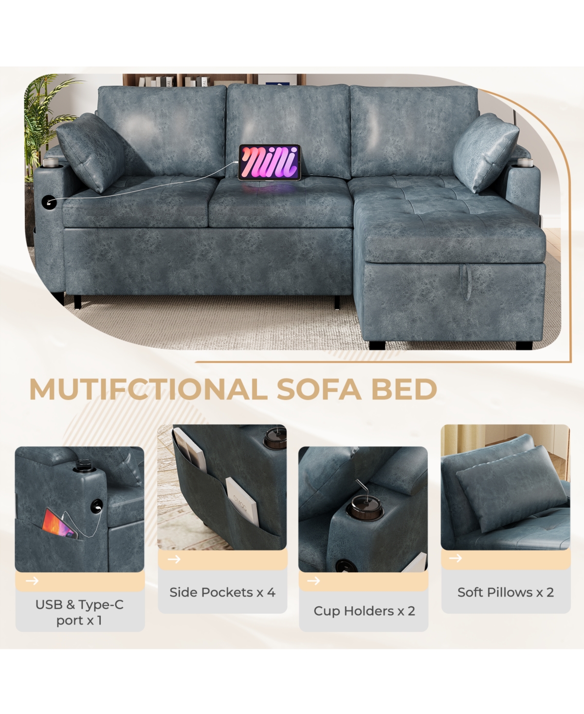 Aecojoy Sleeper Sofa Bed, 3-in-1 Pull Out Couch with Reversible Chaise, Leather