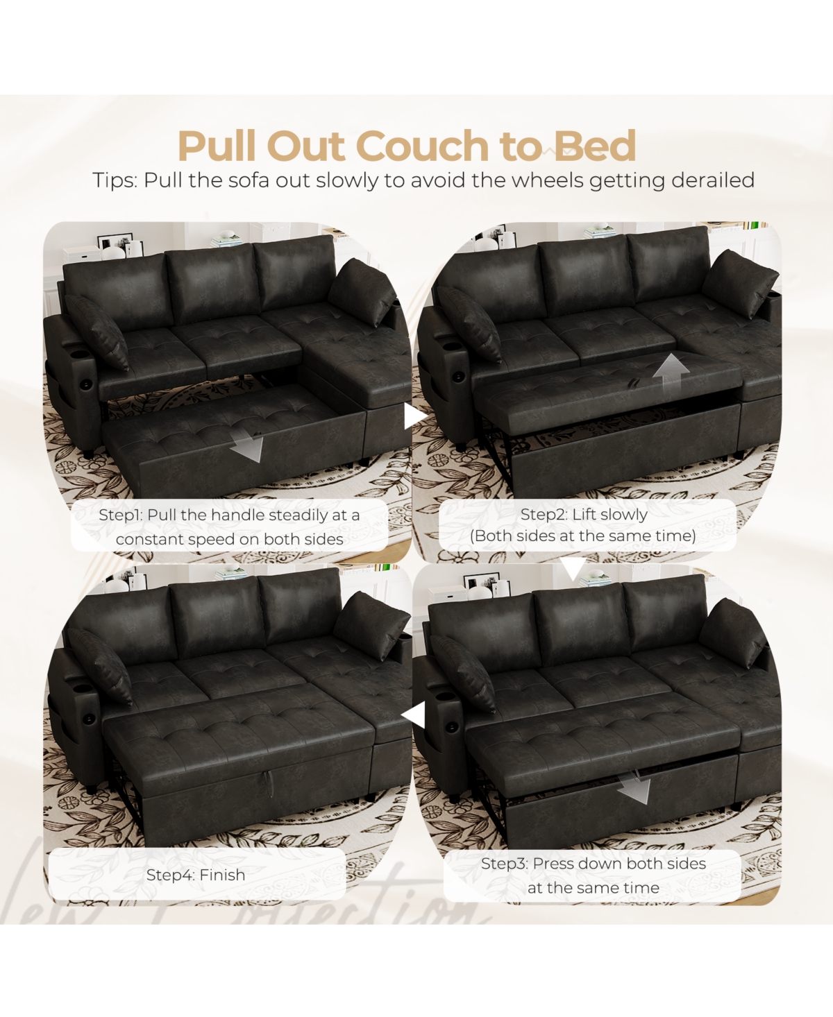 Aecojoy Sleeper Sofa Bed, 3-in-1 Pull Out Couch with Reversible Chaise, Leather
