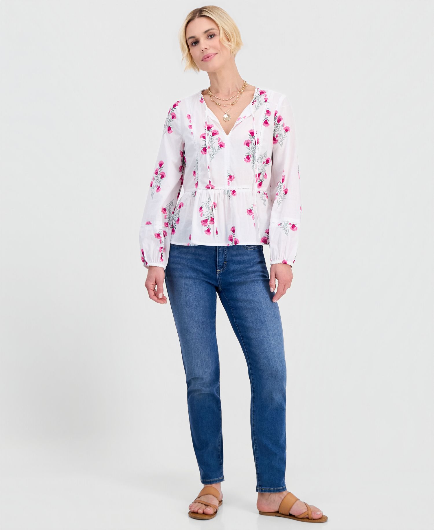 Petite Cotton Floral-Embroidered Peplum Top