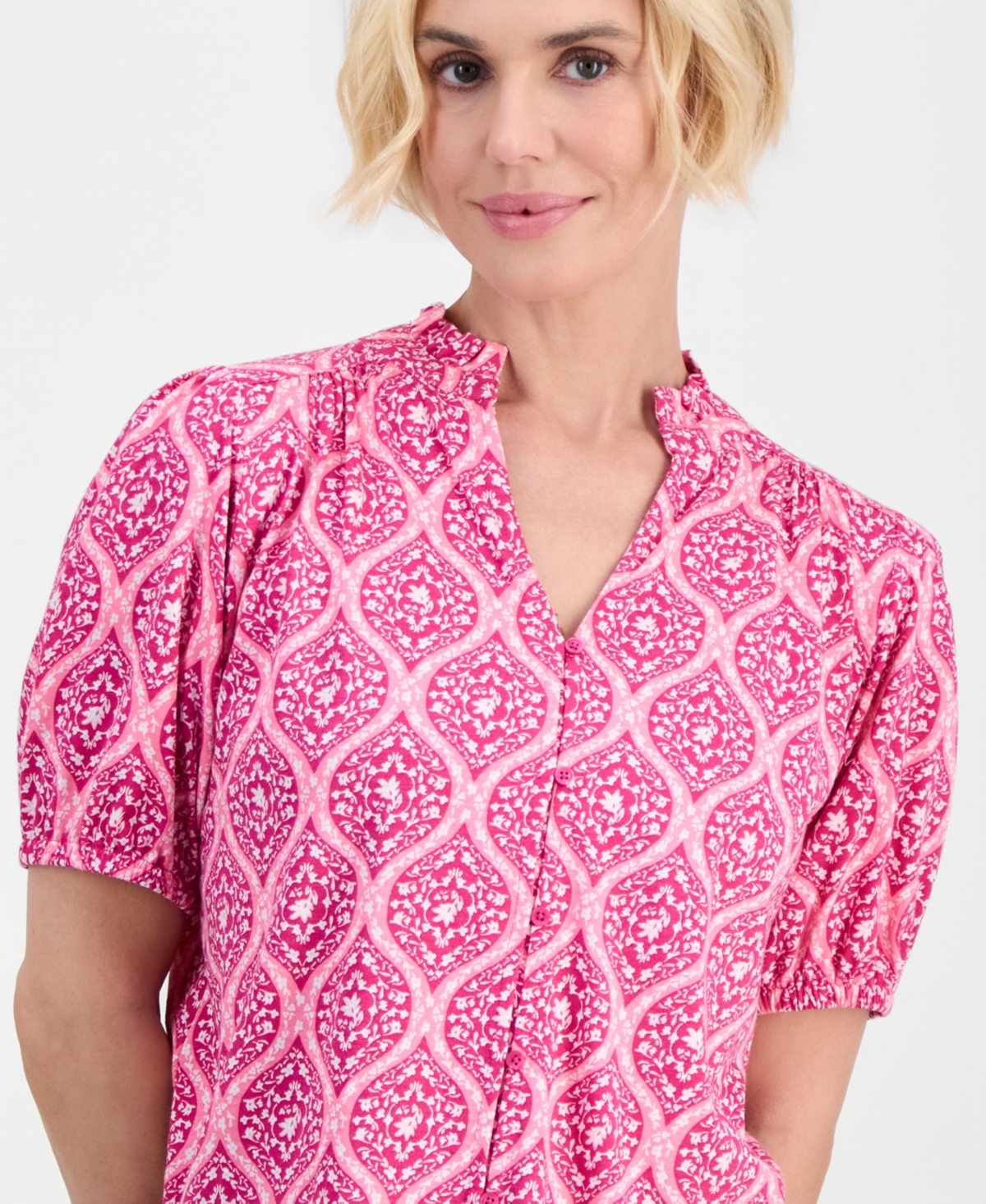 Style & Co Petite Printed Puff-Sleeve Button-Front Top, Macy's Exclusive