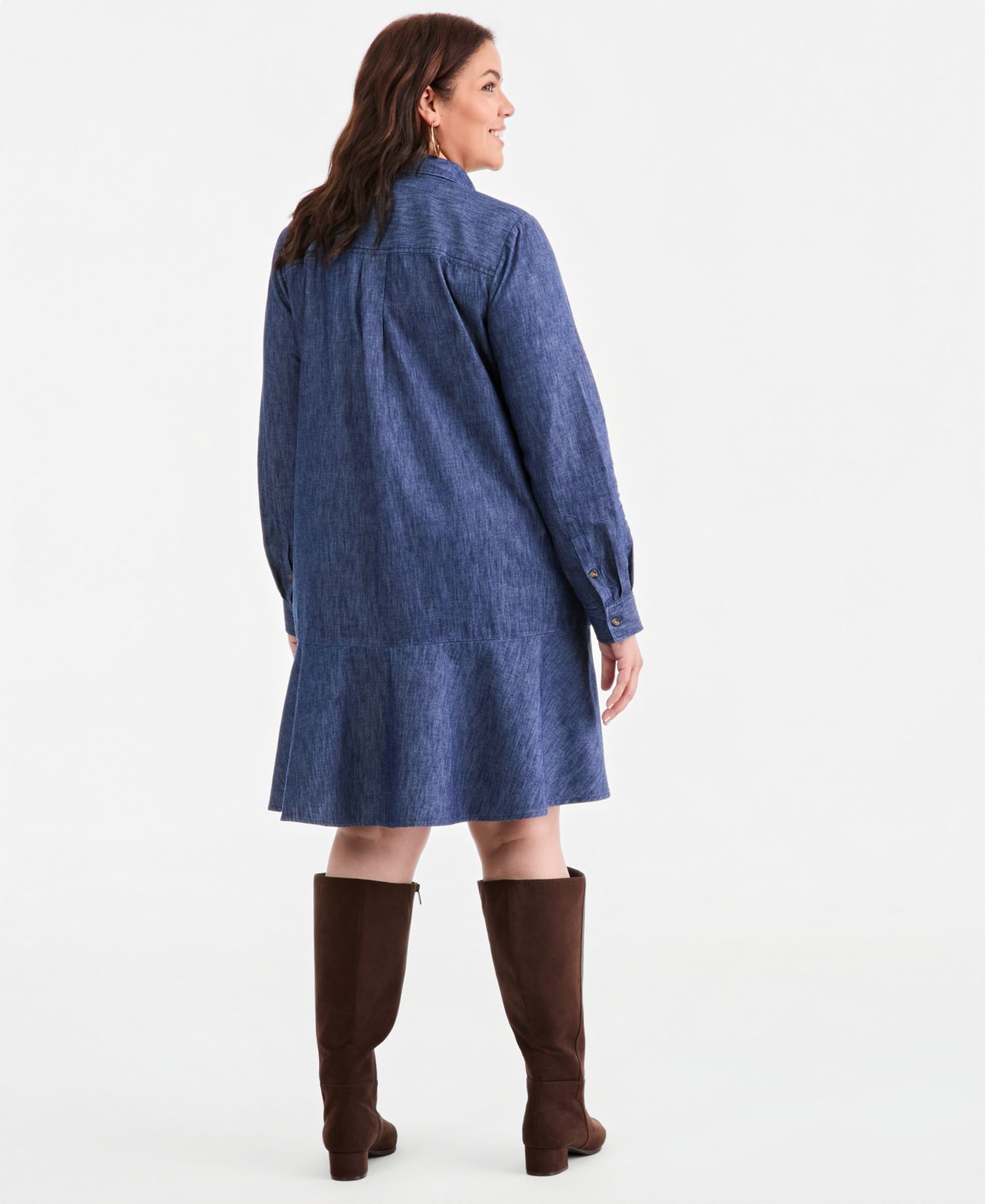 Plus Long-Sleeve Peplum Cotton Shirt Dress
