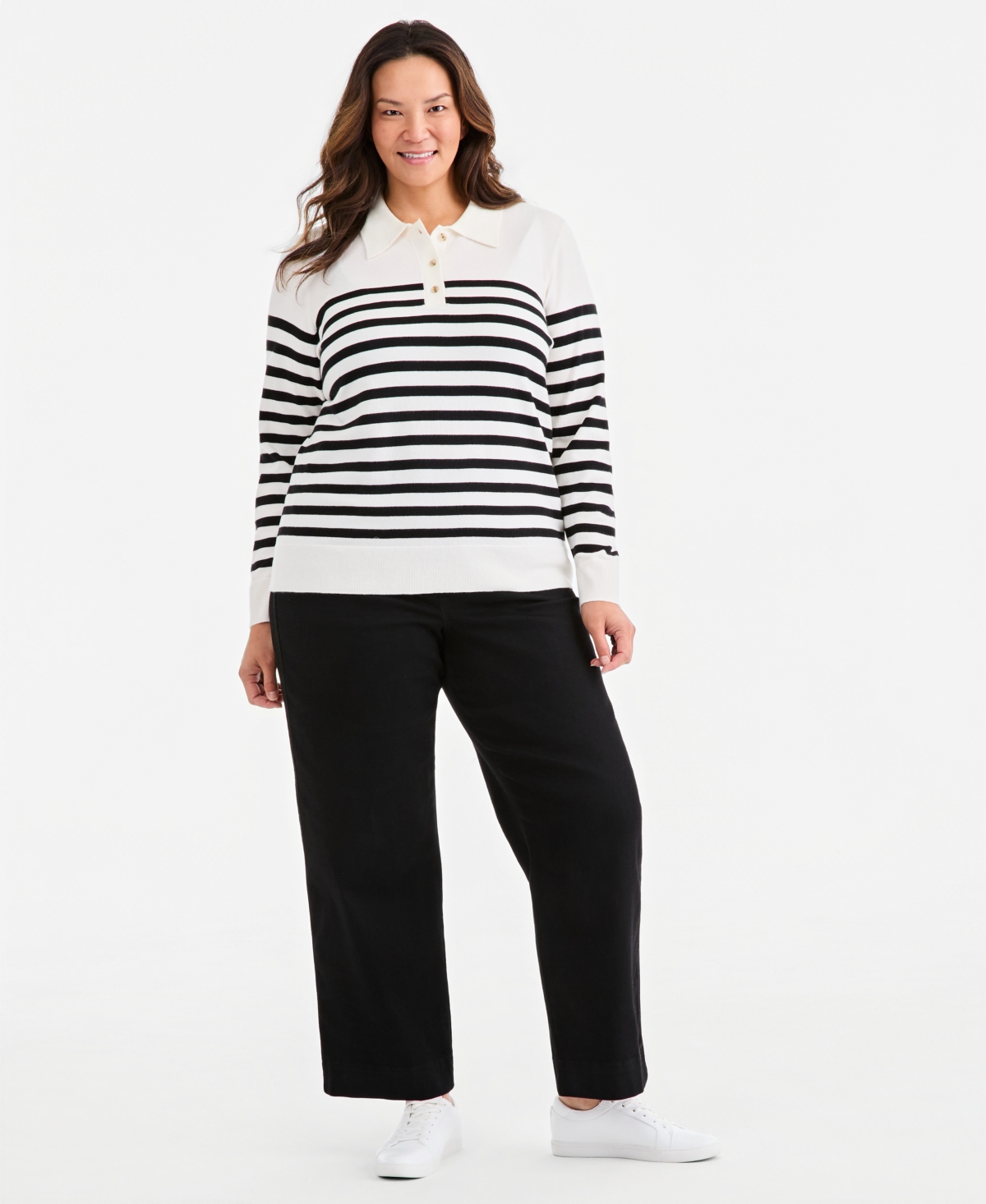 Style & Co Plus Striped Long-Sleeve Polo Sweater, Macy's Exclusive