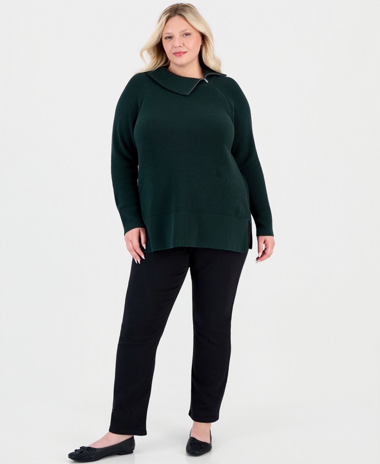 Petite High-Neck Zip Cotton Sweater