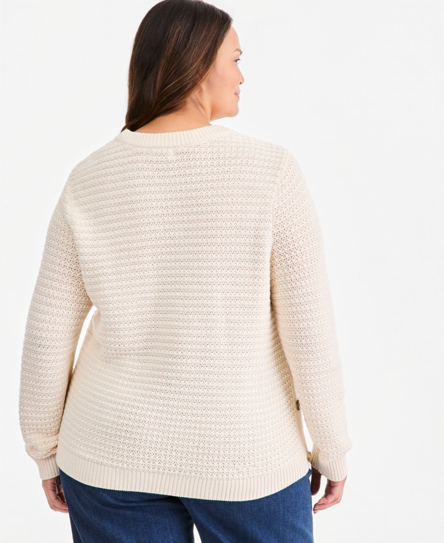 Plus Crewneck Ribbed-Knit Side-Button Sweater