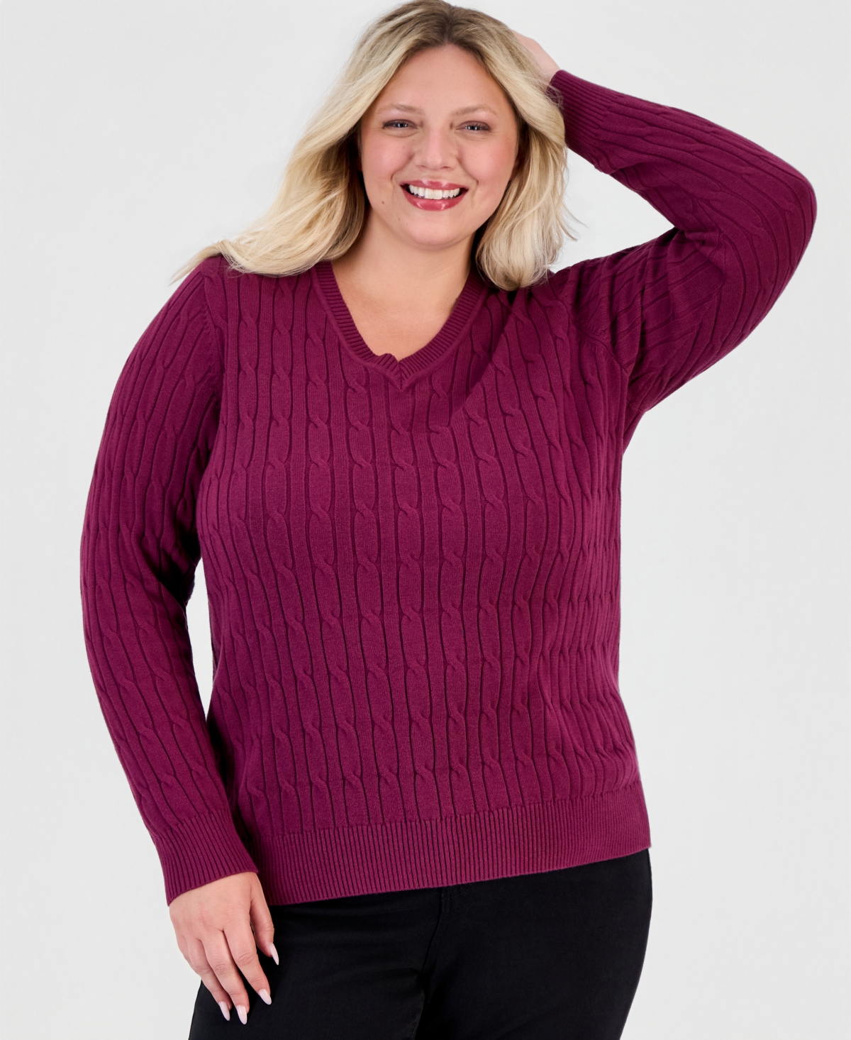 Style & Co Plus Size Cotton Cable-knit V-neck Sweater, Macy's Exclusive In New Brickberry