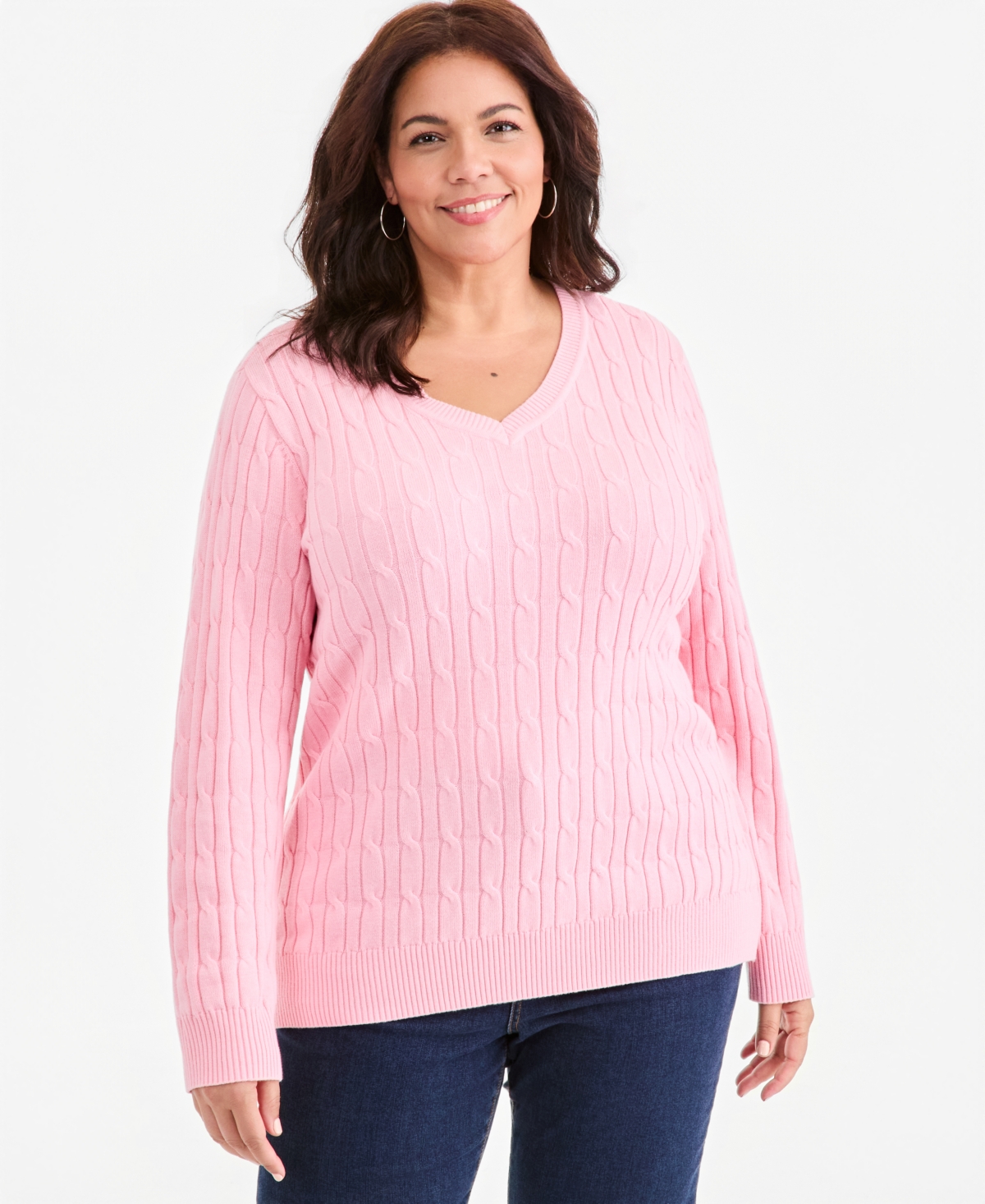 Style & Co Plus Size Cotton Cable-knit V-neck Sweater, Macy's Exclusive In Pink Icing