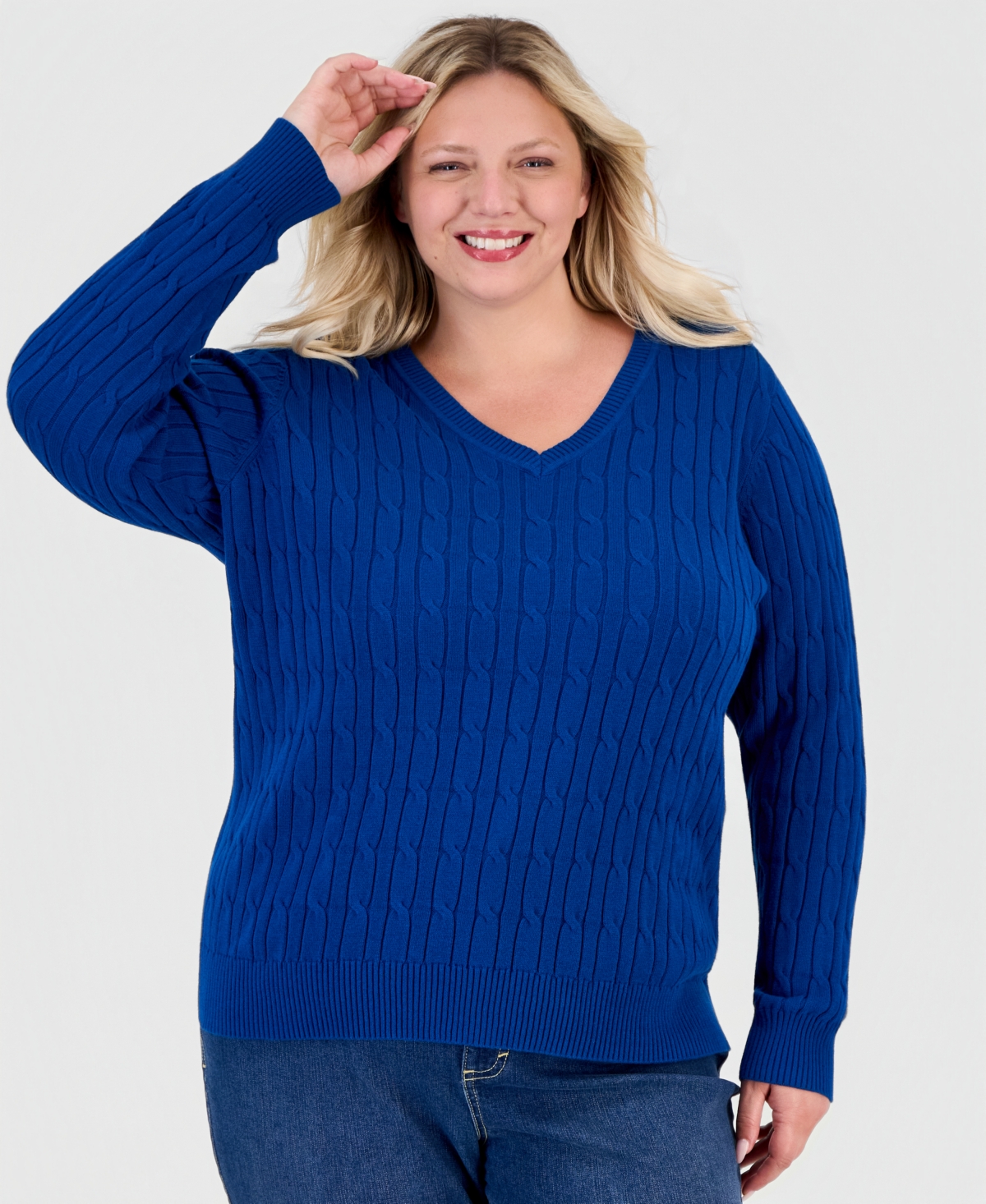 Style & Co Plus Size Cotton Cable-knit V-neck Sweater, Macy's Exclusive In Twilight Waters