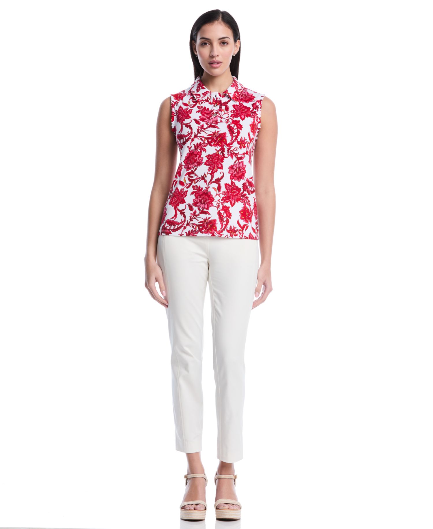 Petite Botanical Print Ruffle Trim Sleeveless Polo Shirt
