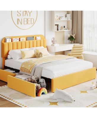 Twin Bed Frame with 2 Drawers, Boucle Upholstered Bed with Bookcase Headboard, Kids Bed, Easy Assembly, No Box Spring, Noise Free