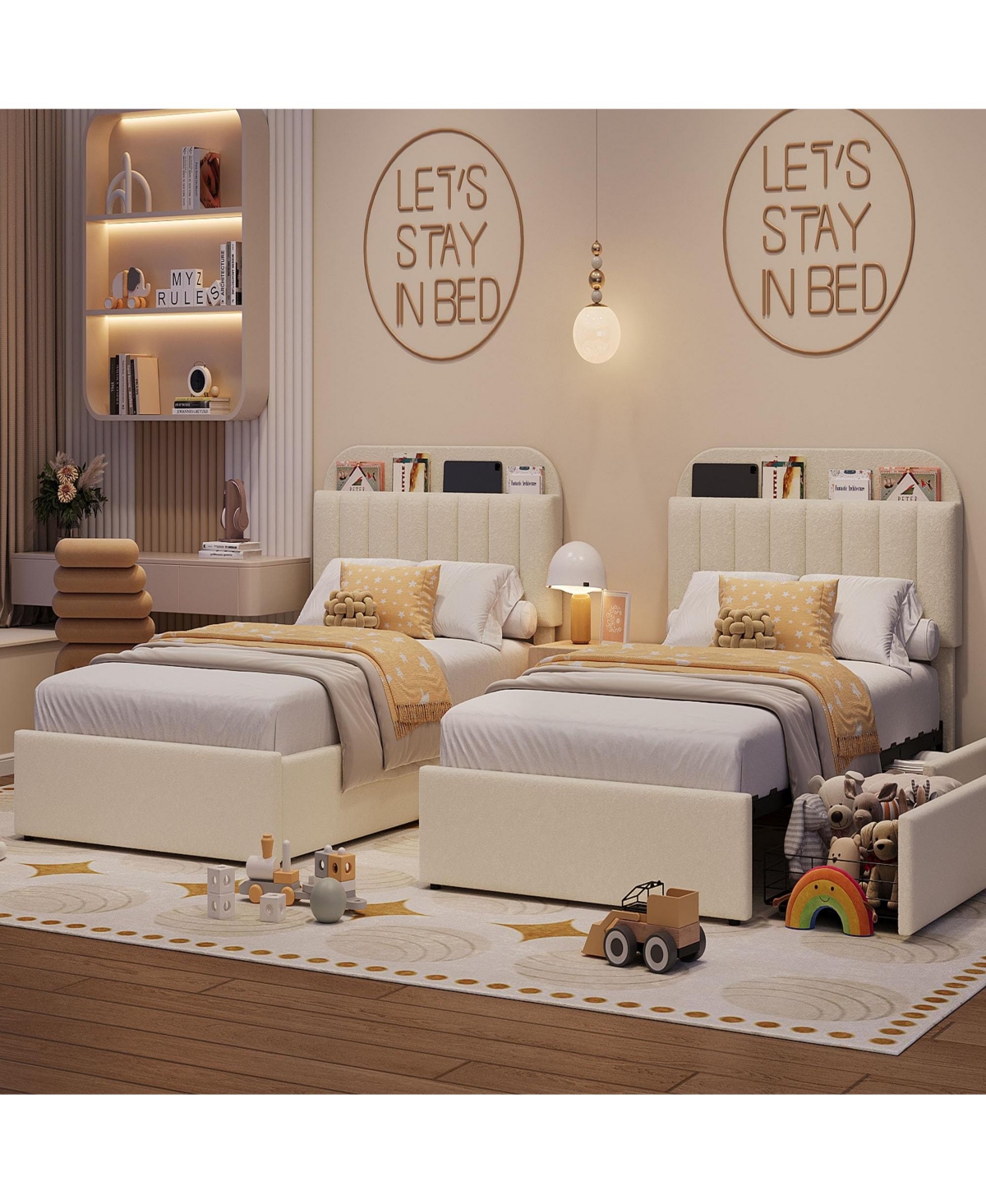 homfan Twin Bed Frame with 2 Drawers, Boucle Upholstered Bookcase Headboard, Kids Bed, Easy Assembly, No Box Spring