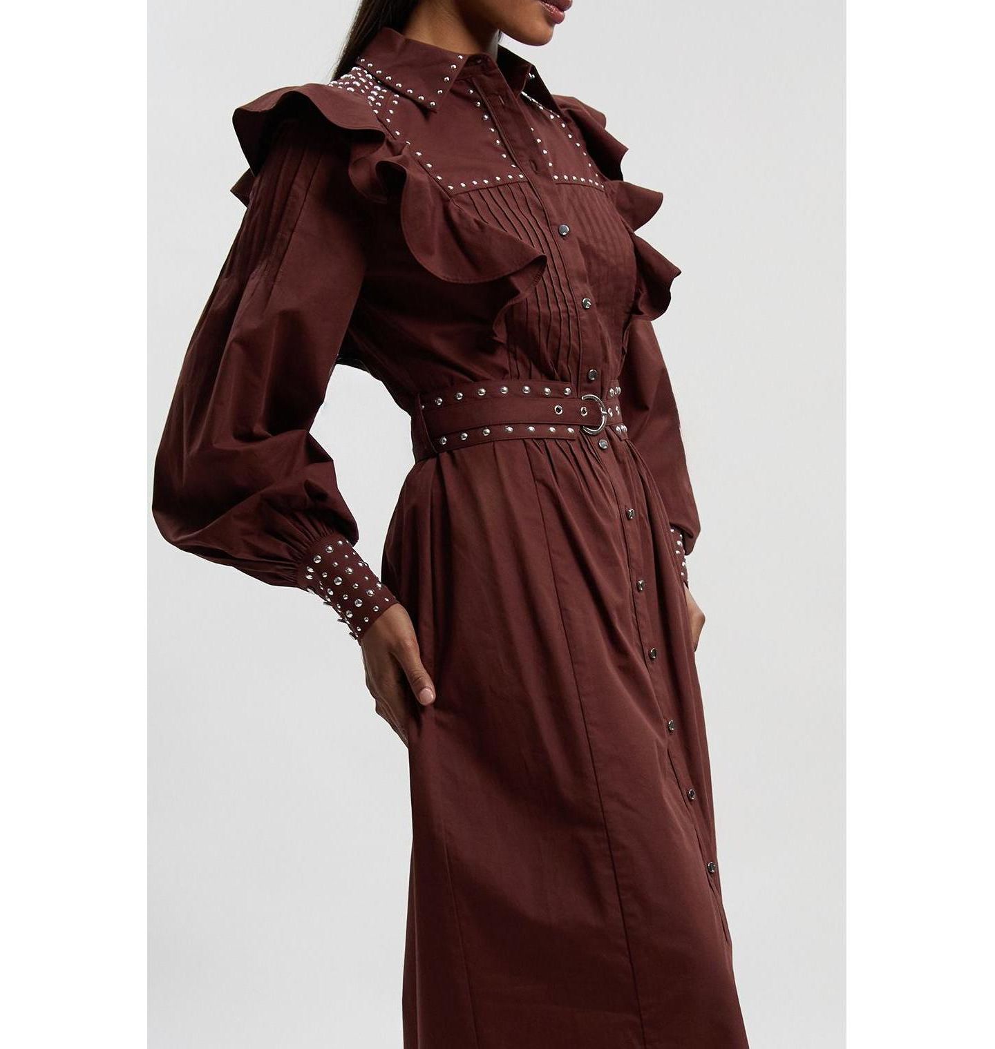 Женское платье Karen Millen Cotton Studded Maxi Shirt Dress, цвет: Шоколадный — фото 7