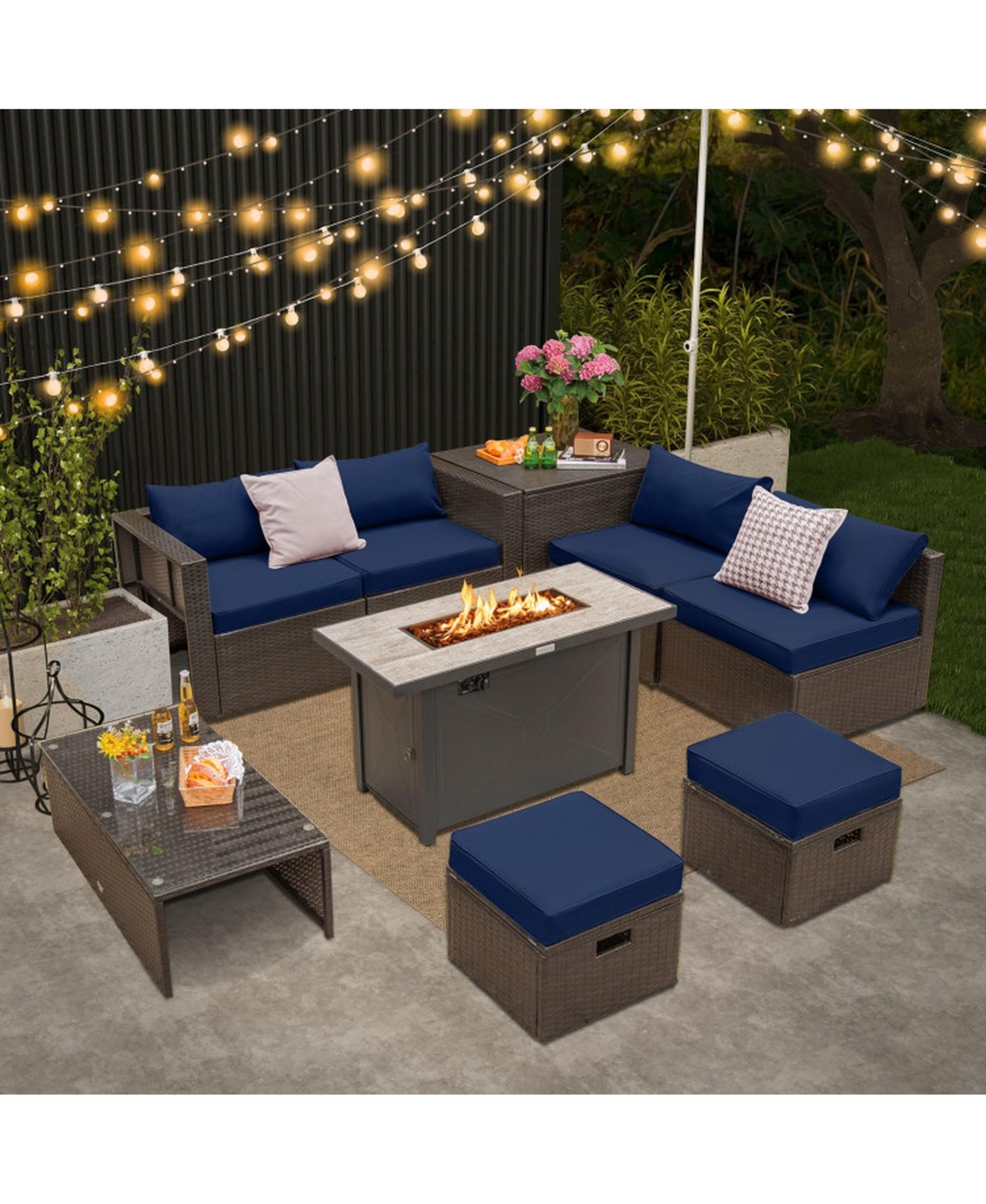 Gouun 9-Piece Outdoor Patio Conversation Set with 42 in 60,000 Btu Propane Fire Pit Table and Storage Box