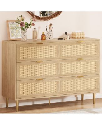 6 Drawer Dresser, Rattan Chest, Farmhouse Wooden Dresser with Metal Legs, Large Unit for Bedroom, Living Room, Nursery