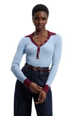 Women's Rib Knit Contrast Hem Collared Top