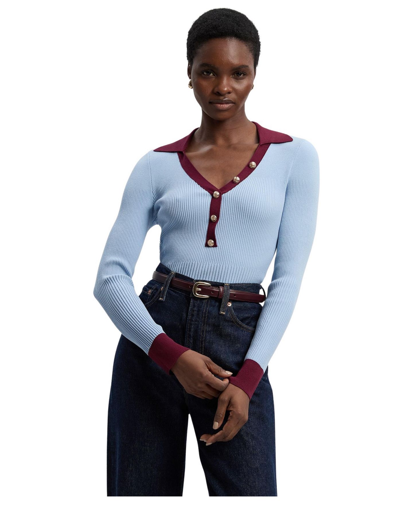 Женский топ Karen Millen Rib Knit Contrast Hem Collared, цвет: Светлый синий — фото 1