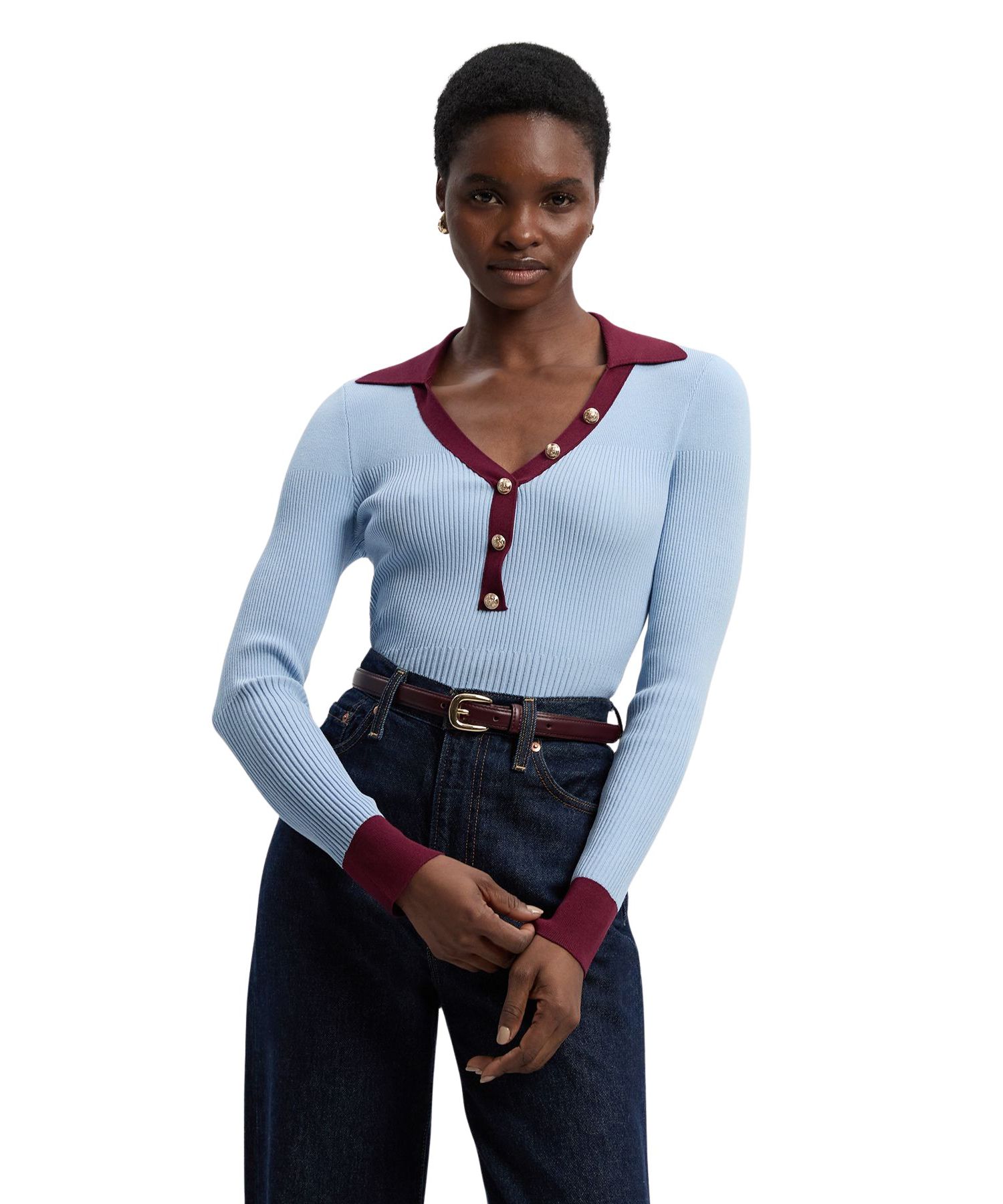 Women's Rib Knit Contrast Hem Collared Top