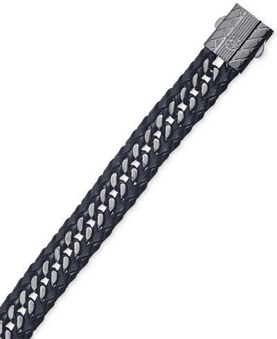 Esquire Men's Jewelry Black Leather Curb-Style Bracelet in Gunmetal IP over Stainless Steel, Only at Macy's