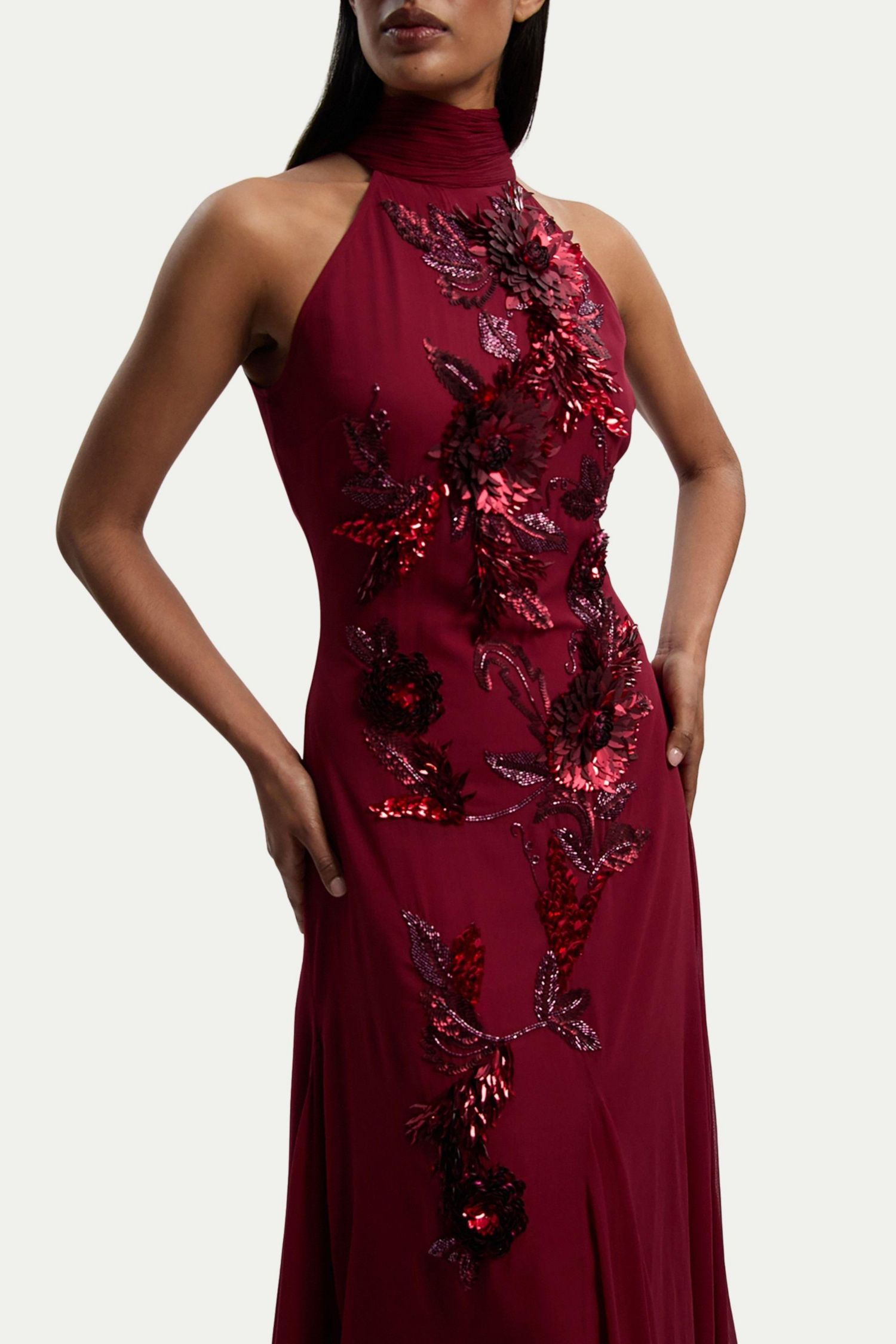 Women's Feather Embellished Halter Maxi Dress