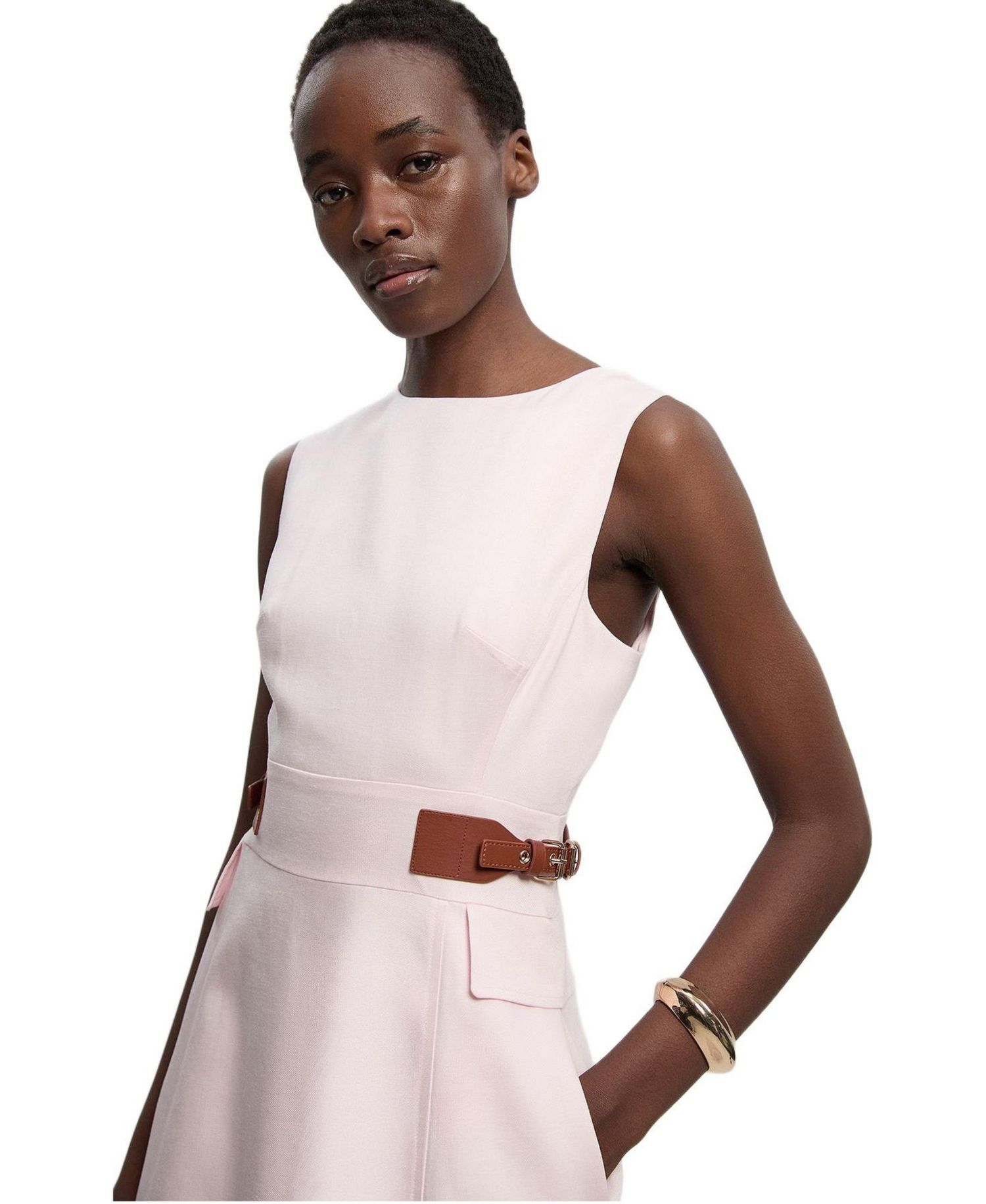 Women's Fitted Belt Crew Neck Midi Dress