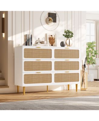 Modern Rattan 6 Drawer Dresser - Large Double Wooden Chest, Deep Wide Storage Drawers, Wide Top Cabinet for Bedroom, Living Room
