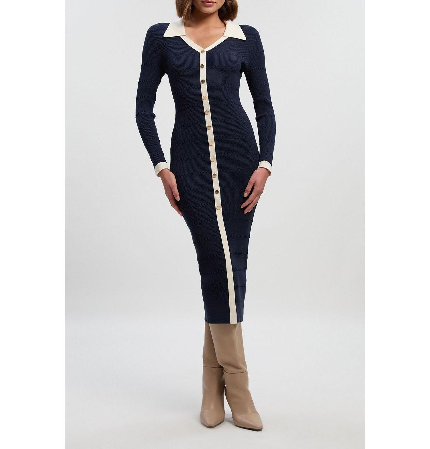 Women's Rib Contrast Button Knit Midi Dress